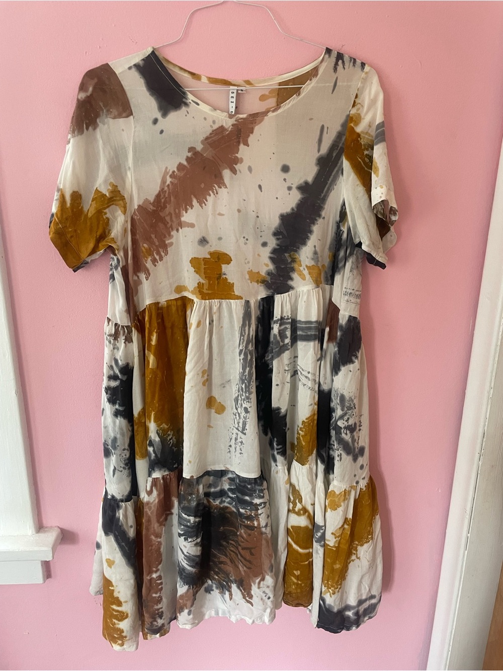 Women's Osei Duro Casual Tiered Tie-Dye Dress in Cream, Mustard & Brown